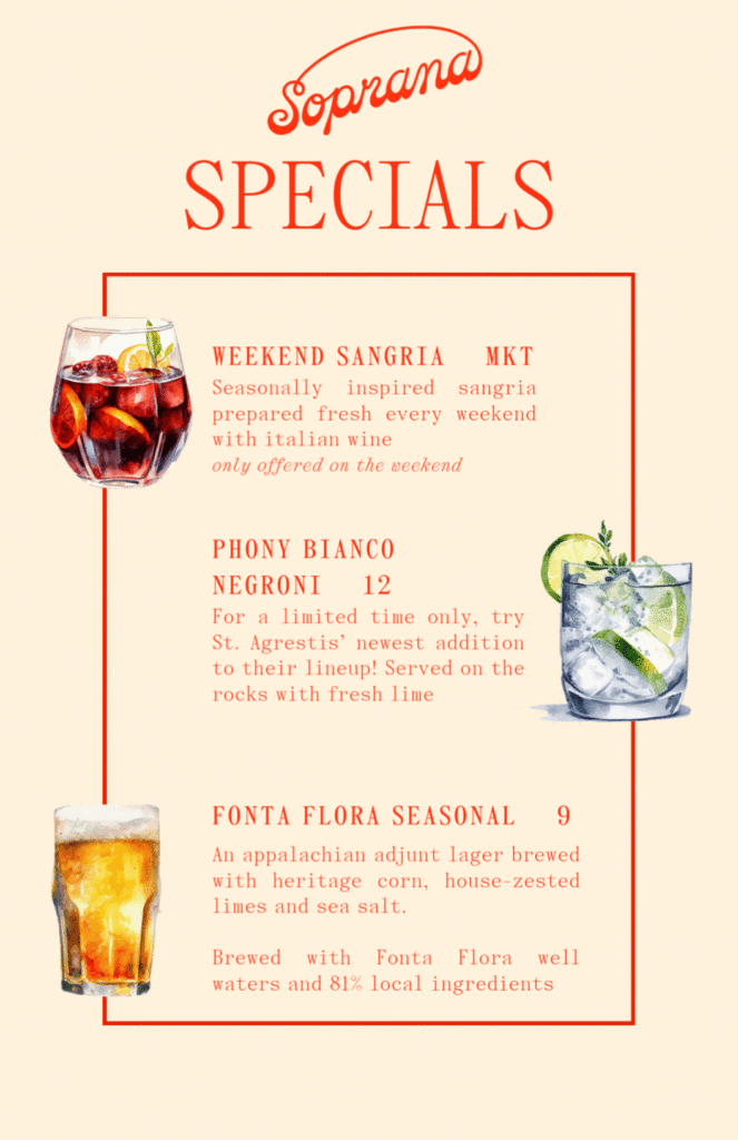 Soprana Specials Menu